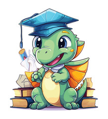 Vector cute trex dinosaur wearing a graduation hat and a lot of book illustrations with AI © Hiron