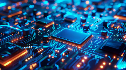 Fototapeta premium A computer board filled with various electronic components and chips. The board is illuminated with bright blue and orange lights, creating a futuristic atmosphere.