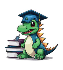 Vector cute trex dinosaur wearing a graduation hat and a lot of book illustrations with AI © Hiron