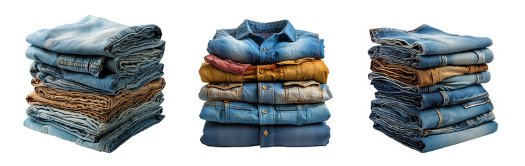 Pila de ropa vaquera limpia de diferentes colores apiladas aisladas sobre fondo transparente.
Servicio de lavandería y tareas del hogar. Tienda de ropa.