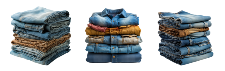 Pila de ropa vaquera limpia de diferentes colores apiladas aisladas sobre fondo transparente.
Servicio de lavandería y tareas del hogar. Tienda de ropa.