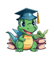 Vector cute trex dinosaur wearing a graduation hat and a lot of book illustrations with AI © Hiron