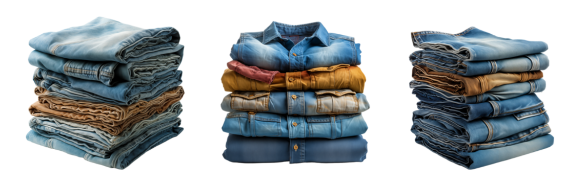 Pila de ropa vaquera limpia de diferentes colores apiladas aisladas sobre fondo transparente.
Servicio de lavandería y tareas del hogar. Tienda de ropa.