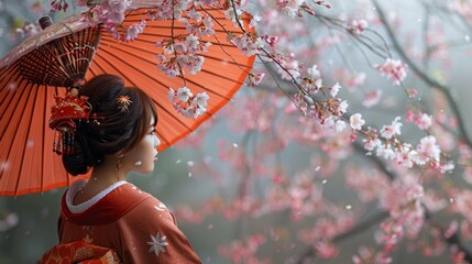 Japanese women wearing red kimonos and holding a yellow umbrella standing under a cherry blossom tree.