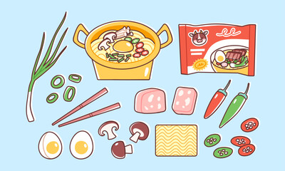 Cooked instant ramen in a golden pot. Vector illustration of Asian noodles and additional ingredients, such as eggs, mushrooms, scallions, chili and ham. Quick and tasty dinner in colorful flat style.
