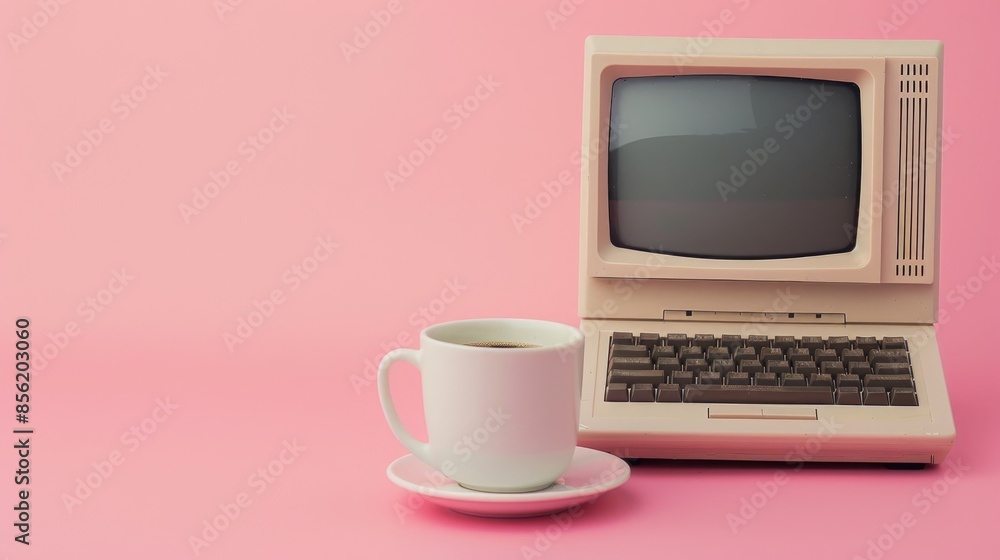 Poster old computer with coffee on pink background space for text