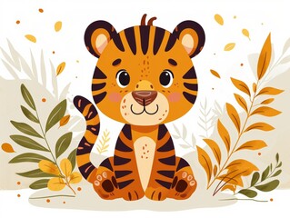 Adorable Tiger on a Simple Background for Kids' Designs Generative AI