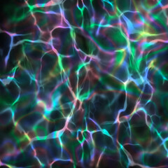 A mesmerizing abstract image with vibrant, glowing, multicolored lines and shapes that create an ethereal, fluid pattern. The dynamic blend of colors and light gives the impression of an electric