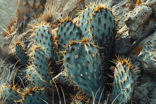 A close-up of a prickly pear cactus with sharp spines growing in a rocky desert environment.