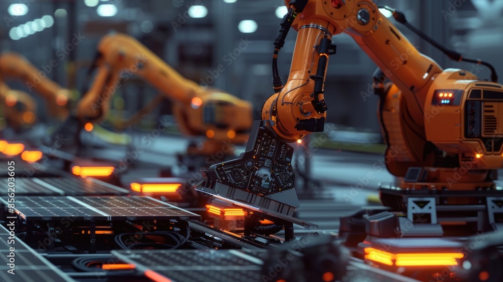 Poster a futuristic factory with robotic arms assembling solar panels, representing the intersection of tec