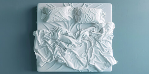 top view of bed with white duvet and pillows over blue background