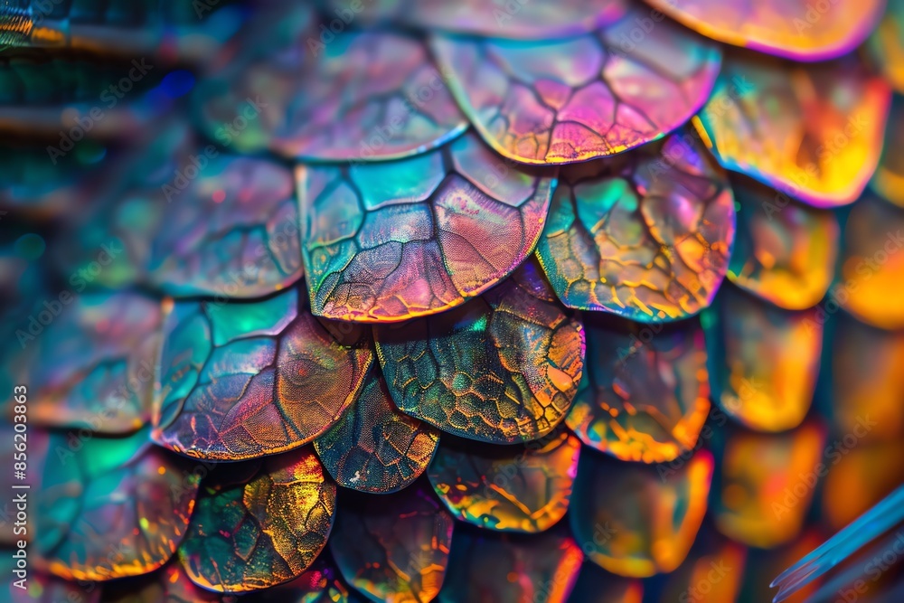 Poster a close-up of iridescent scales, showcasing a vibrant display of color and texture.