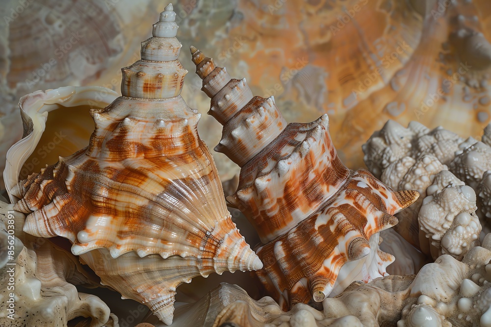 Poster a close-up of seashells with intricate patterns and textures. photographed in a natural light settin
