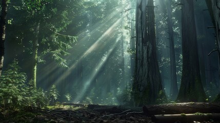 Sunlight streaming through dense forest, serene and mystical atmosphere