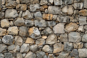 Fototapeta premium A close-up of a weathered stone wall, featuring a variety of sizes and shapes of rocks, showcasing a natural and rustic texture.