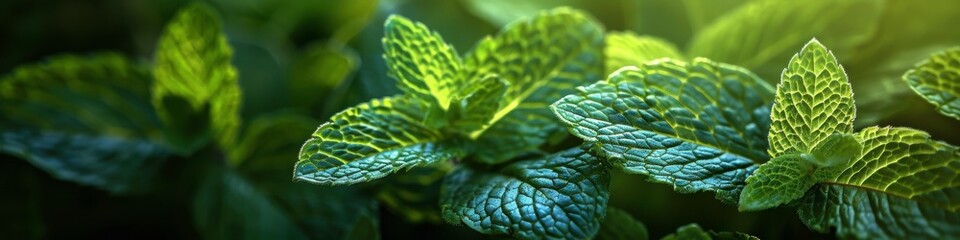 Surreal close-up of peppermint tea leaves with intricate patterns, vibrant green hues, ethereal lighting, macro photography, refreshing ambiance, photorealistic detail, captivating visuals
