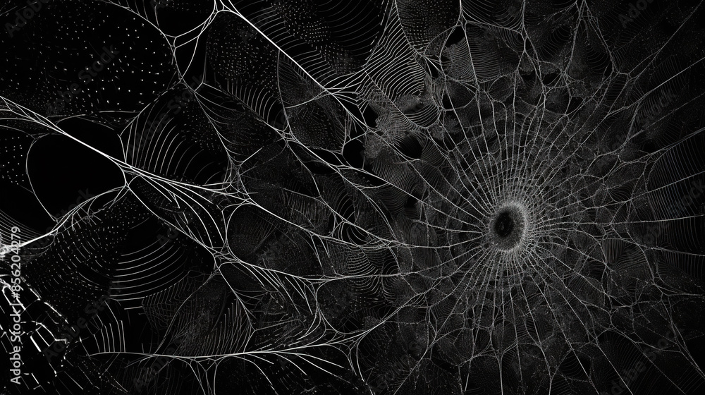 Aufkleber Abstract fractal sipder web on dark background with grungy ornament of broken moody web and particles.