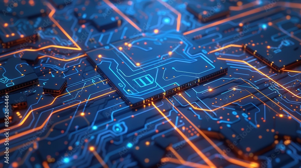 Poster a digital blue circuit board with glowing pathways and 3d rendering, representing advanced technolog