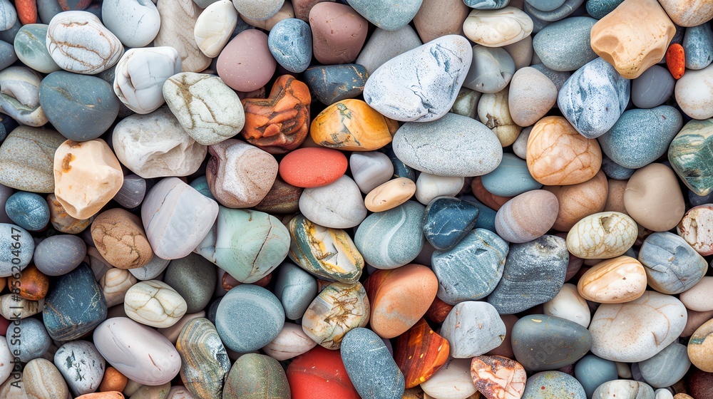 Poster a close-up view of a collection of smooth, colorful stones. the stones are arranged in a random patt