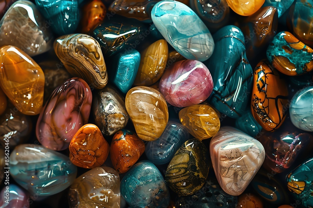 Poster a close-up view of colorful polished stones, arranged in a random pattern