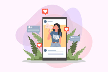 Blogger promoting goods and services for followers online vector illustration. Huge smartphone with girl with megaphone. Online engagement communication business, digital marketing concept