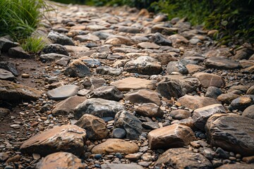 Obraz premium A close-up view of a rocky path winding through a lush green forest. The stones are uneven and worn, suggesting a path frequently traveled.