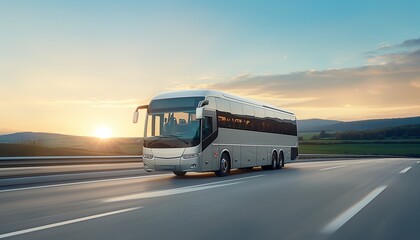 A sleek touring bus is captured making its way across a scenic landscape as the sun sets, evoking wanderlust