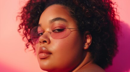 Fototapeta premium A person with curly hair and glasses wearing a pinkish-red lip color looking to the side with a soft expression set against a vibrant pink background.