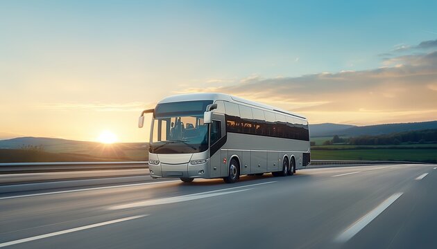 A sleek touring bus is captured making its way across a scenic landscape as the sun sets, evoking wanderlust