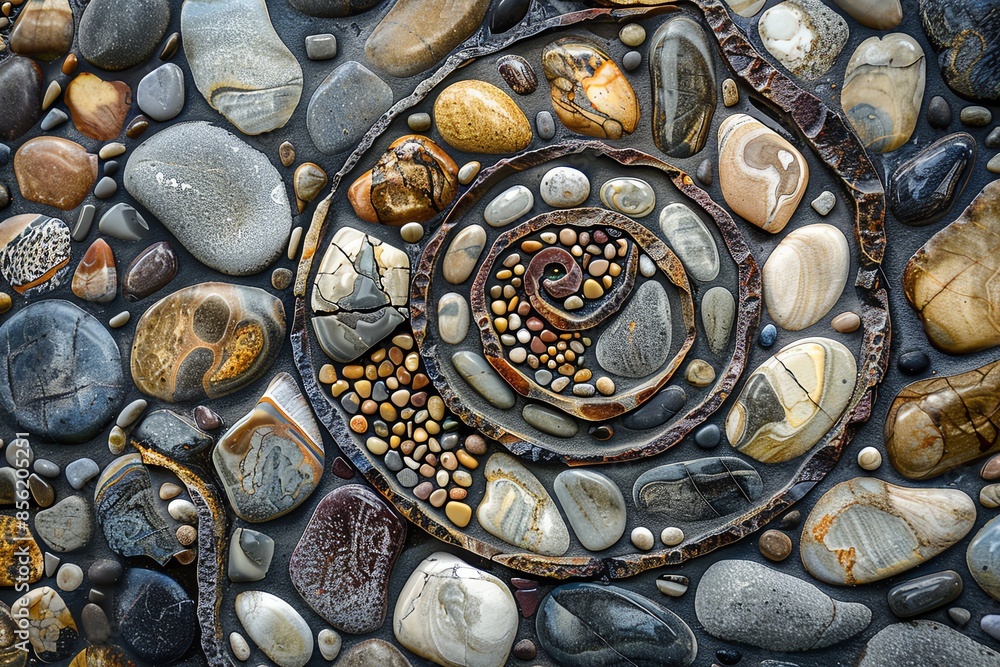 Poster a swirling pattern of smooth stones and pebbles, creating a mesmerizing abstract design. the texture