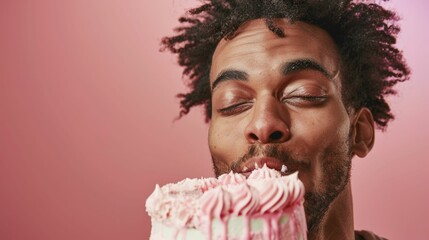 Man with closed eyes savoring a bite of pink frosted cake.