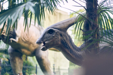 Selective focus on the dinosaur's head in close-up in the park. A giant parasaurolophus on display in the park on a sunny summer day with space to copy. High quality photo