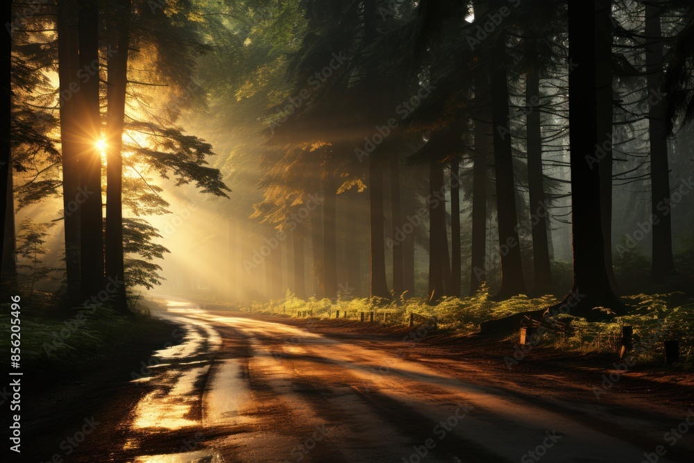 Poster sun rays illuminating a forest path, creating a magical scene