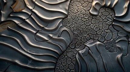 A close-up image of a textured metallic surface with a wavy pattern on one side and a textured, bumpy pattern on the other