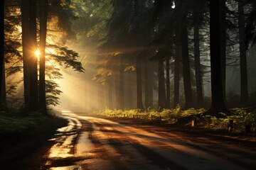 Sun rays illuminating a forest path, creating a magical scene