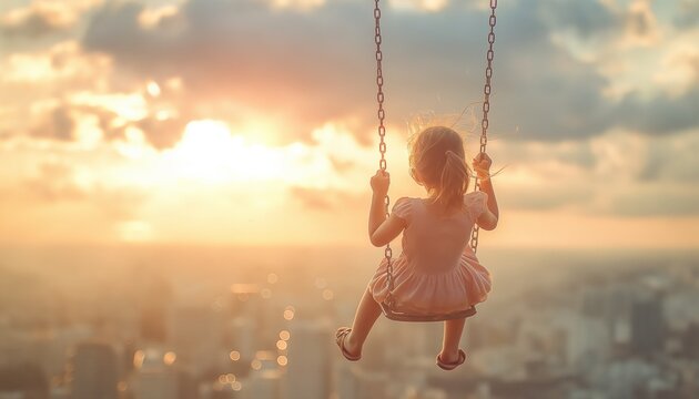 A girl in a pink dress swings on a high swing overlooking a cityscape during a dramatic sunset or sunrise