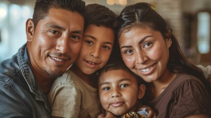 Fototapeta premium A joyful family of four smiling and embracing with a man a woman and two young boys captured in a warm and loving moment.