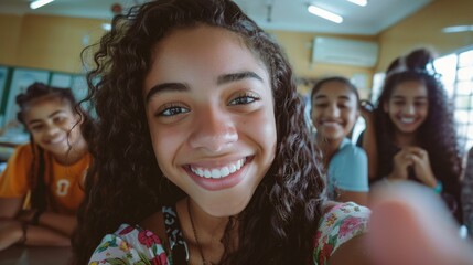 Obraz premium A young woman with curly hair smiling brightly at the camera surrounded by her friends in a classroom setting.