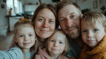 Obraz premium A happy family of four posing for a selfie with two smiling children and their parents set in a cozy home environment.