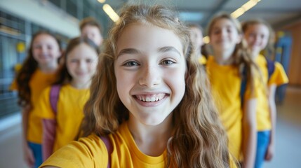 Fototapeta premium A young girl with a radiant smile taking a selfie amidst a group of her peers in matching yellow shirts possibly indicating a school event or team outing.