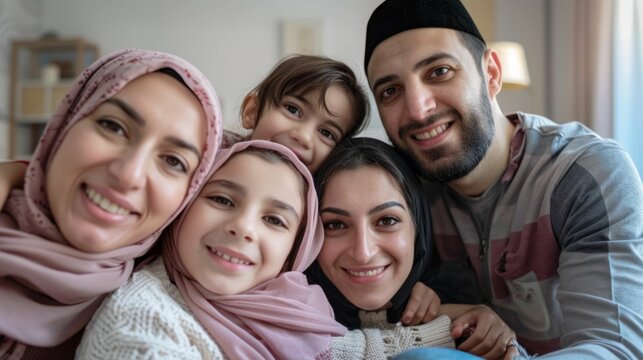 A joyful family of four with two women wearing hijabs and a man in a traditional cap smiling together in a warm embrace capturing a moment of happiness and togetherness.