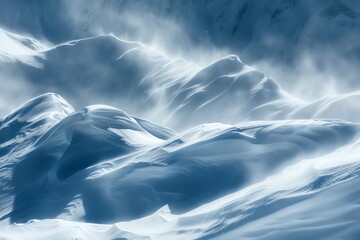 Abstract snowy mountain range with windswept peaks.  The wind creates a sense of movement and energy in the scene.