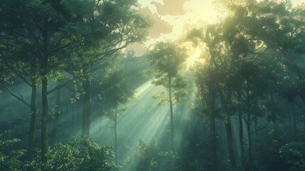 Obraz premium Sunlight streaming through forest trees in the morning