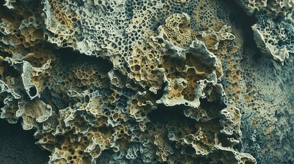 Obraz premium Abstract textured background of a rough, porous rock surface in shades of blue and brown.