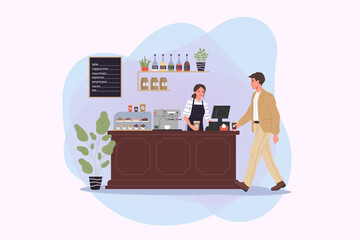 Coffee shop vector illustration. Modern cafe interior. Man buying takeaway coffee, female barista preparing it. Cafe, barista job, coffee break concept