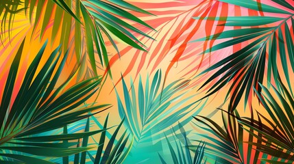 Obraz premium Abstract tropical background with vibrant green palm leaves on a colorful gradient. Perfect for summer, travel, or nature themes.