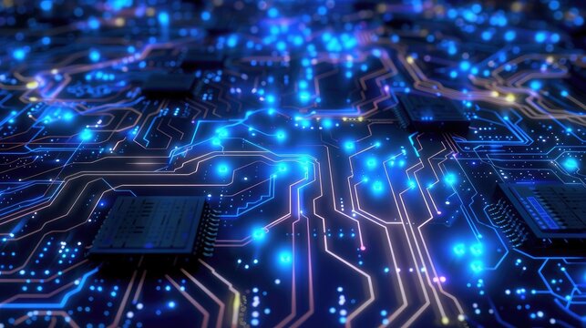 3D abstract digital circuit design in blue, with glowing pathways and chip patterns, representing technological innovation - Powered by Adobe