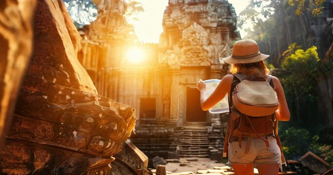 Solo traveler explores ancient ruin in sunlight, symbolizing adventure and cultural tourism. Summer vacation, tourism