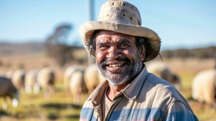 Fototapeta premium A joyful man in a straw hat with a beard and mustache wearing a striped shirt standing amidst a herd of sheep in a field.