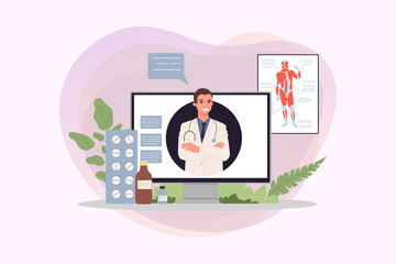 Computer monitor with doctor giving online consultation. Male physician consulting patient through video call flat vector illustration. Healthcare, internet, communication concept